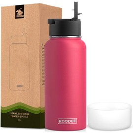 Koodee 32 oz Water Bottle with Wide Handle Straw Lid, Vacuum Insulated 18/8 Stainless Steel Wide Mouth Flask (Canyon Red)