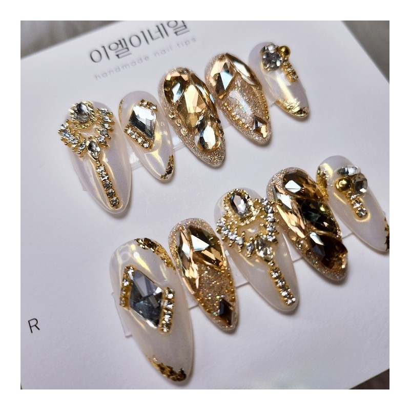 [Premium Nail] Gold Stone Handmade Nail Tips - Short Coffin