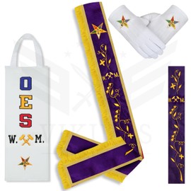 Masonic Worthy Matron Sash – Order of Eastern Star (OES) Purple WM Sash with Leather Case & Free Cotton Gloves – Freemason Accessories for Ceremonial Use