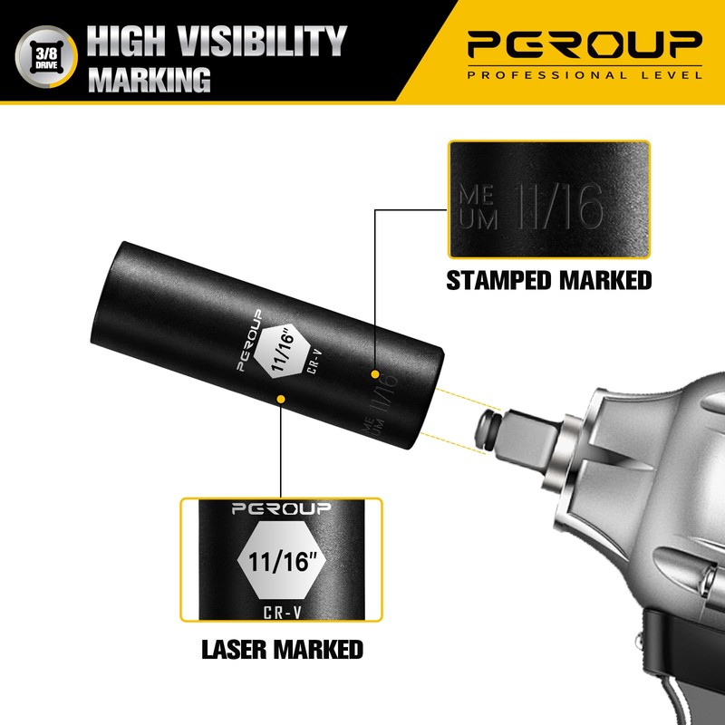 PGROUP 3/8” Drive Deep Impact Socket, SAE(11/16 Inch socket), 6-Point,