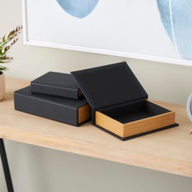 Deco 79 Faux Leather Decorative Box Book Shaped Book Shaped Boxes, Set of 3 Decorative Keepsake Boxes 12", 10", 8"H, Black
