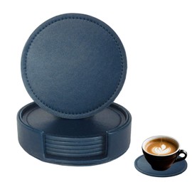 Bdfgh Set of 6 Leather Coasters with 1 Holder for Drinks, Drink Coasters Table Coaster Room/Kitchen/Living Room Accessories, for Cups Mugs Housewarming Gifts Home Decoration Green Navy Black (Navy)