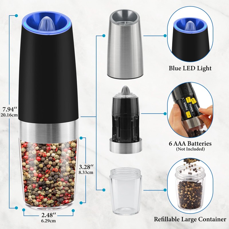 Gravity Electric Salt and Pepper Grinder Set, Battery Powered LED