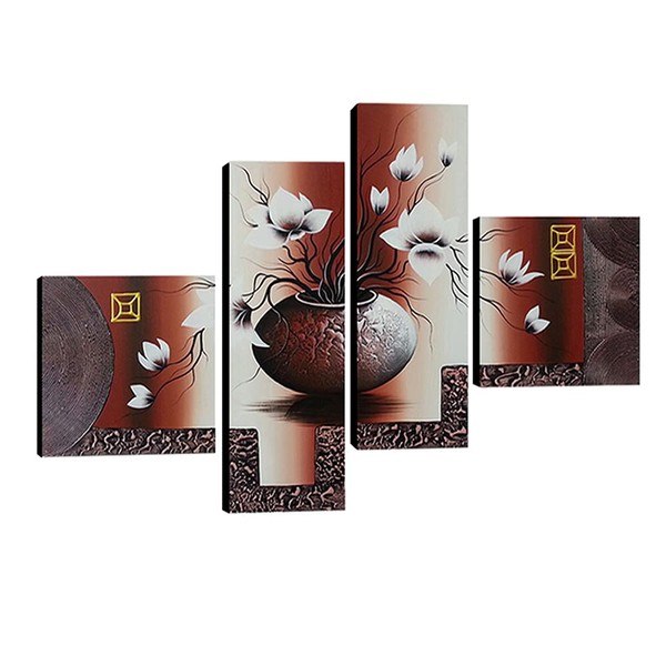 Wieco Art Huge Size Stretched and Framed Artwork 4 Panels 100% Hand-painted Modern Canvas Wall Art Elegant Flowers Paintings for Wall Decor Floral Oil Paintings on Canvas Art XL