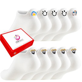 IBEILLI Women Cute Socks 10 Pairs Cotton Kawaii Embroidered Funny Low Cut Socks for Women Girls Ankle Socks with Gift Box (White 10 Pack)