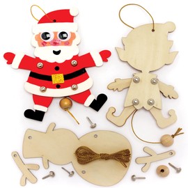 Baker Ross FC192 Christmas Wooden Puppet Decorations - Pack of 5, Make Your Own Wooden Puppets, Puppets for Kids, Wooden Crafts for Kids to Assemble and Decorate