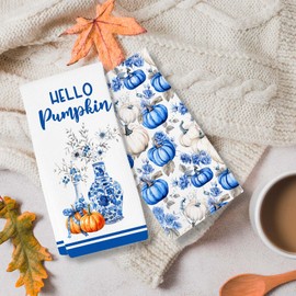 RZQIJ Chinoiserie Pumpkin Fall Kitchen Towels Dish Towels Dishcloth, Thanksgiving Blue and White Porcelain Decor for Kitchen Bathroom Home, 16 x 24 Farmhouse Decoration Hand Towels Set of 2. (018)