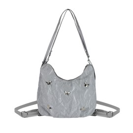 AfitLulu Women Shoulder Bag PU Leather Backpack Womens with Zipper and Bow Tie Decoration, Large Capacity Ladies Handbags Women's Fashion Backpacks Stylish Crescent Bag with Unique Straps (Silvery)