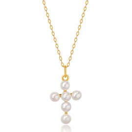 Wicary Pearl Cross Necklace for Women Sterling Silver Freshwater Pearl Pendant Necklaces Christian Jewelry for Women Meaning Gifts for Anniversary Wedding Bridesmaid (Gold)