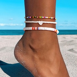 Yoosteel Beaded Ankle Bracelets for Women - Layered Colorful Bead Stretch Anklets Pearl Heart Anklet for Women Jewelry Gifts