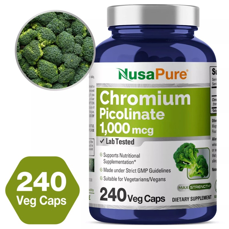 NusaPure Chromium Picolinate 1000mcg 240 Veggie Capsules (Non-GMO & Gluten