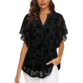 Vafoly Blouse, Women's Elegant Short-Sleeve Summer Tunic, V-Neck Mesh Top, Flowers, Double Layer Tunic