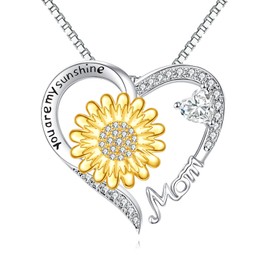 SHEAISRS Sunflower Necklace S925 Sterling Silver Sunflower You are My Sunshine Love Heart Mom Pendant Necklaces Jewelry for Women Mom