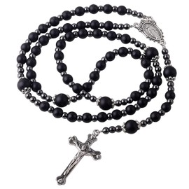 HanlinCC 6mm Black Glass Beads with 4mm Hematite Black Stone Beads Rosary Necklace with Miraculous Center piece and Crucifix pack in Velvet Gift Bag for Men and Women, Zinc, No Gemstone
