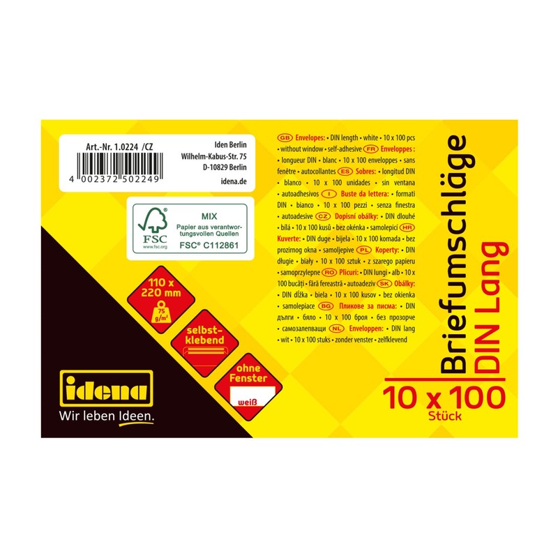 Idena 10219 Envelopes Without Windows Press Seal DIN Long 75