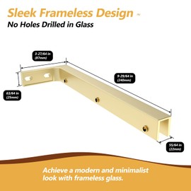 ZBuildMars Shower Glass Bracket Shower Glass Support Bar Wall to Glass Clamp L Bracket for Shower, No Drill in Glass (Glass on Right, Gold)