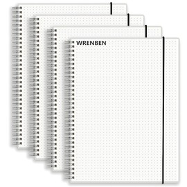 WRENBEN Bullet Dotted Spiral Notebook A5 with 120gsm Thick Dot Paper 160 Pages per Pack - 5.7" x 8.3" Dotted Journal with Elastic Band and Transparent Hardcover (4 Pack, A5)