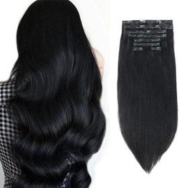 Sixstarhair Clip In Hair Extensions Human Hair Jet Black Hair Extensions 16 Inch 100 Remy Human Hair Extensions Silky Straight Grade 9A Extensions for Thick Hair