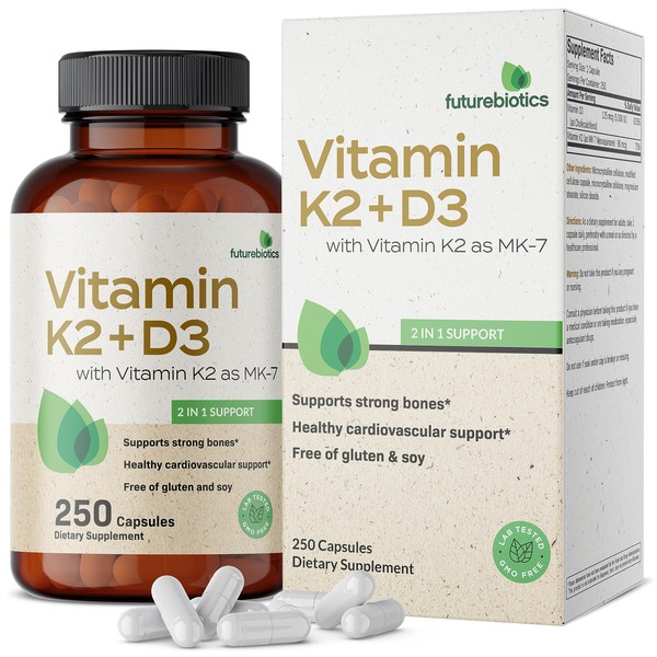 Futurebiotics Vitamin K2 (MK7) with D3 Supplement - Non-GMO Formula - 5000 IU Vitamin D3 & 90 mcg Vitamin K2 MK-7, 250 Vegetarian Capsules