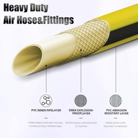 SANFU Hybrid Air Hose 3/8”ID x 100FT, 300PSI Durable, Lightweight, With 1/4” Premium Brass Coupler and Plug, Bend Restrictors, Yellow&Black(100’)