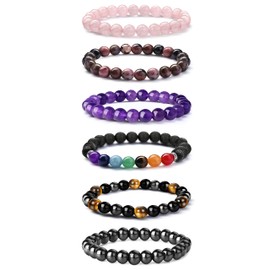 JeweBella Pack of 6 Natural Gemstone Bracelets Women Men Beads Bracelets 7 Chakra Lava Stone Bracelets Rose Quartz Amethyst Tiger's Eye Obsidian Triple Bracelet Couples Stretch Bracelets Jewellery,