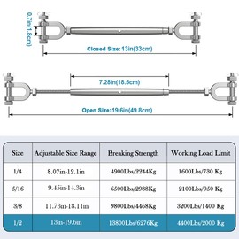 hannger Turnbuckle, 1/2" (M12) 304 Stainless Steel Turnbuckles for Cables Wire, Closed Body Design, 4400 lbs Working Load Limit - Heavy Duty Wire Tensioner for Shade Sails Hardware, Ziplines