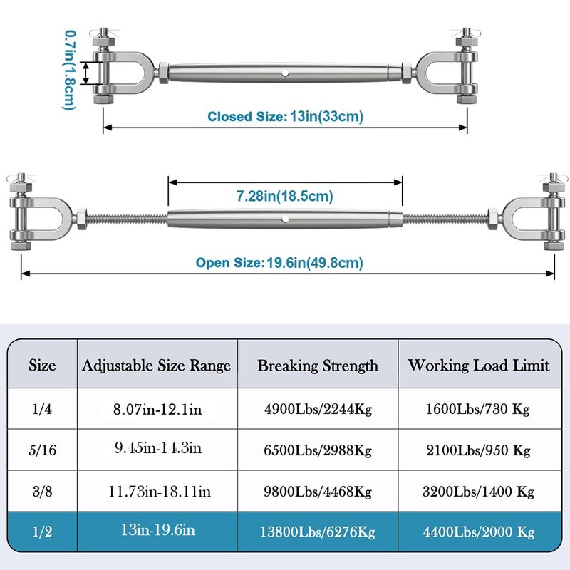 hannger Turnbuckle, 1/2" (M12) 304 Stainless Steel Turnbuckles for Cables