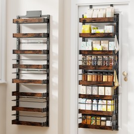 8 Tier Over The Door Pantry Organizer, 2 IN 1 Wall Mount or Metal Hanging Spice Rack for Pantry Organizers and Storage, Seasoning Shelves，Adjustable Basket with Hooks for Kitchen Cabinet and Closet