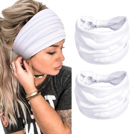 TERSE 2 Packs Headbands for Women Boho Extra Wide 7’’ Head Bands African Knotted Non Slip Fashion Hair Band Stretch Yoga Workout Running Gym Hairbands Turban Bandana for Girls (White)