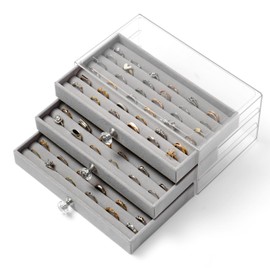 KATISYIO Ring Organizer Storage Box with 3 Drawers, Clear Acrylic 3-Layer Velvet Jewelry Display Case for Women (Gray)