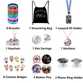 ZHENGGE Kpop Stray Kids Gifts Set, Including Drawstring Bag Backpack, Necklace, Earrings, Bracelets, Button Pins, Lanyard ID Holder, Keychain, Phone Ring Holder, Cartoon Badge
