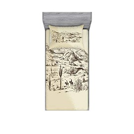 Ambesonne Western Fitted Sheet & Pillow Sham Set, Wild West Landscape Illustration Mountains Desert Plants Cowboys on Horses, Decorative Printed 2 Piece Bedding Decor Set, Twinxl, Beige Black