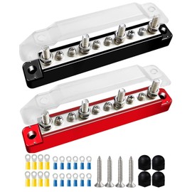 12V-48V Power Distribution Block Bus Bar, 4 x M6 Terminal Studs & 6 x M4 Terminal Screws, Battery Busbar Terminal Block with Cover and Ring Terminals, for Car Marine RV Boat, Red and Black