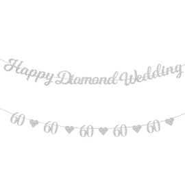 60th Wedding Anniversary Decorations,Happy Golden Wedding Anniversary Decorations,Happy Anniversary Banner Whit Gold Heart Number 60 Bunting Glitter Hearts Garland,for 60th Birthday Wedding Party (C)