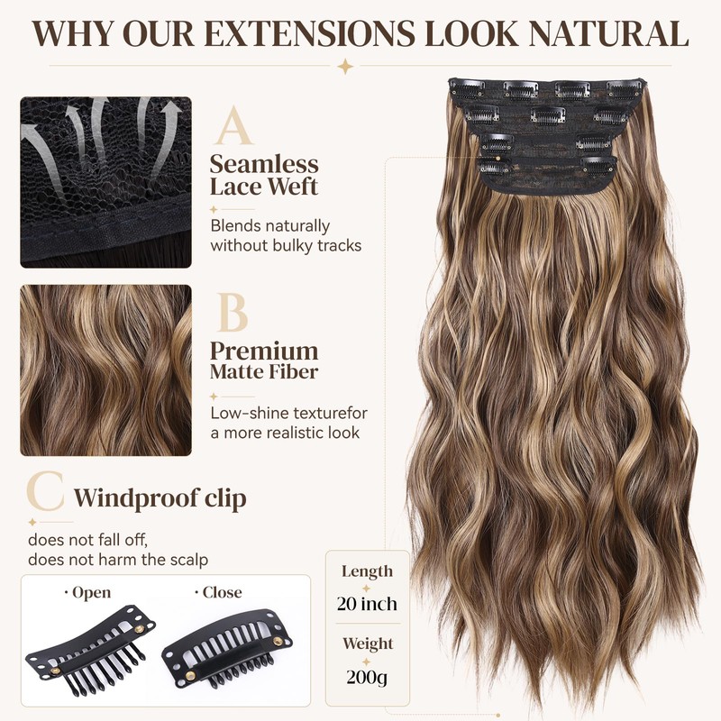 20 Inch Clip in Hair Extensions,Long Wavy Synthetic Hair for
