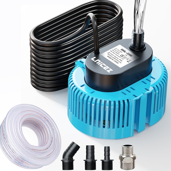 Lnicez Sump Pump - 𝟗𝟓𝟎𝐆𝐏𝐇 Ultra-quiet - Submersible Water Pump, Pool Cover Pump, Sump Pump for Pool Draining with 𝟏𝟔𝐟𝐭 Drainage Hose, Upgraded 𝟐𝟓𝐟𝐭 Thicker Power Cable and 4 Adapters