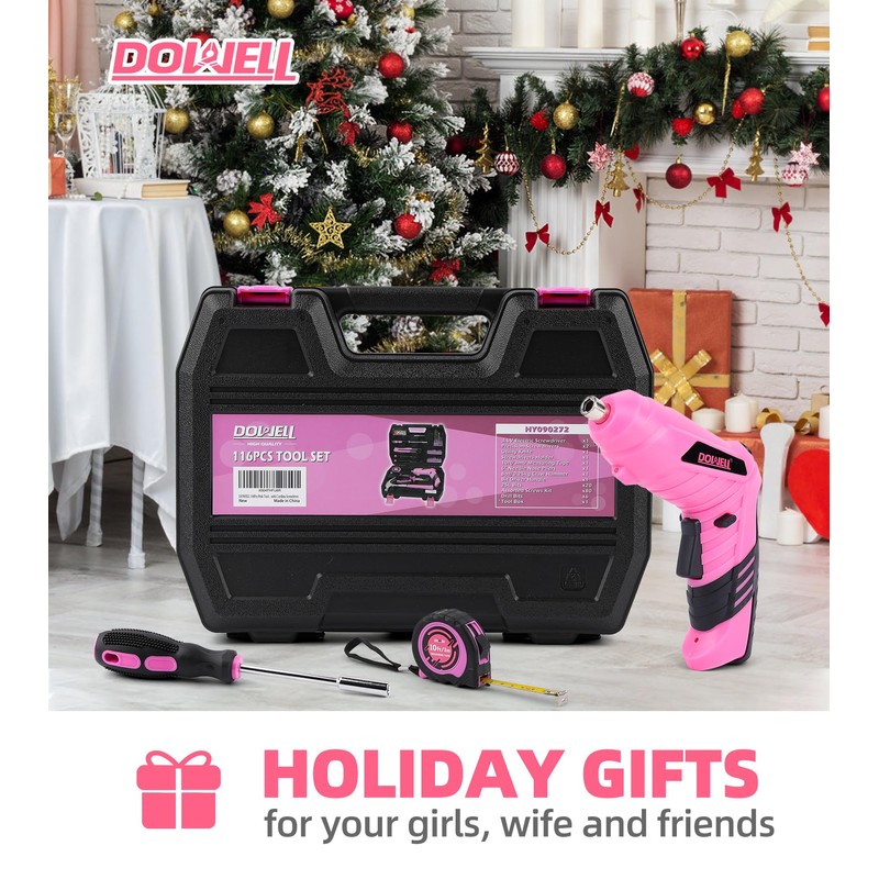 DOWELL 116Pcs Pink Tool Kit with 3.6V USB Cordless Screwdriver,