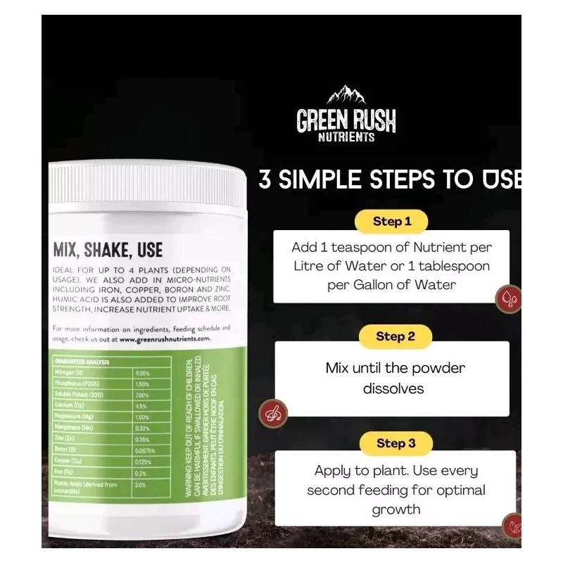 GREEN RUSH NUTRIENTS Leafy Green Grow 9-1.5-7- 2oz Sample