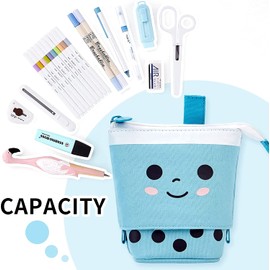 Cute Pencil Case, OLIYuMi Telescopic Pencil Pouch Pencil Case Pencil Storage Box Stationery Organizer Makeup Bag with Zipper Closure for Student Office College Boys and Girls (Blue Velvet Milk Tea)