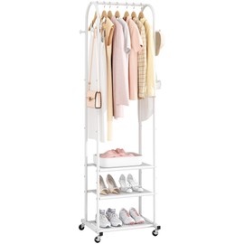 Heavy Duty Clothing Rack with Wheels,Modern Garment Rack with 3 Metal Shelves, 71.8Inches Display Rack for Hanging Clothes, Hanging Rod for Small Spaces,White