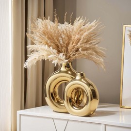 XMGZQ Juego de 2 jarrones de cerámica de Oro Brillante con rosquilla Redonda para decoración del hogar,decoración Moderna y Minimalista Centro de Mesa,Boda,Sala de Estar,estantería,Oficina,Entrada