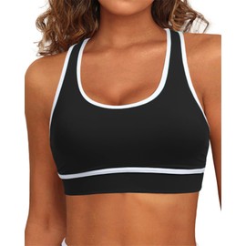 Holipick - brasier deportivo para mujer, parte superior de bikini con espalda cruzada, cuello redondo, parte superior modesta y acolchada, solo para traje de baño, Negro-blanco, Large