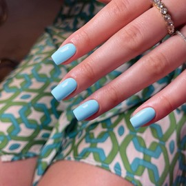 Light Blue Nails Press ons, Press on Nails Medium Square Glue on Nails Short Acrylic Glue on Medium Coffin Nail Gel Fake Nail False for Women, Thick Solid Color 24Pcs