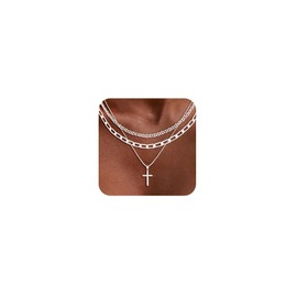 SUFOPE Cross Necklace for Women Dainty 14K Silver Plated Cross Pendant Necklace Trendy Paperclip Choker Chain Minimalist Layered Silver Necklace Faith Jewelry for Gift