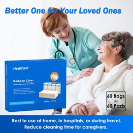 HygiCare Bedpan Liner with Absorbent Pad, 60 Bags + 60 Pads, Pre-Separated Medical Grade Liners, Leakproof, Easy to Use, Reduce Odor, Fits Bedpans and Bedside Commodes