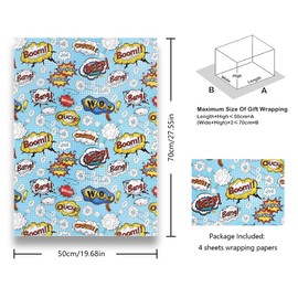 Blue Comic Book Wrapping Paper for Boys Girls Kids, BOOM WOW BEEP BANG CRASH Comic Design Gift Wrap Paper, Folded Flat Sheets for Birthday Holiday Christmas Party Kids Toddler Men Paper Wraps