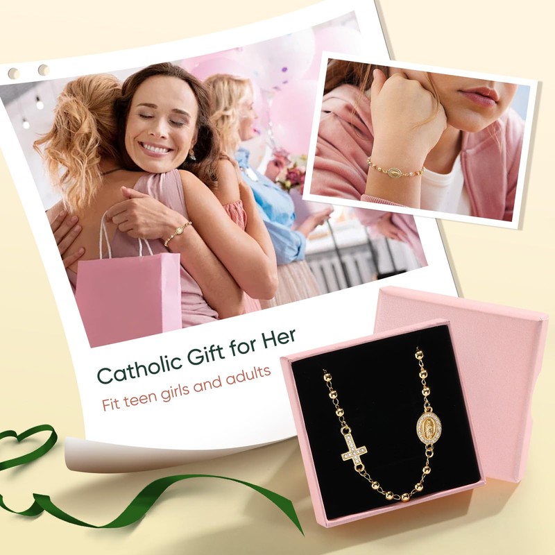 Gold Rosary Bead Cross Bracelet - 14k Gold Plated Virgin