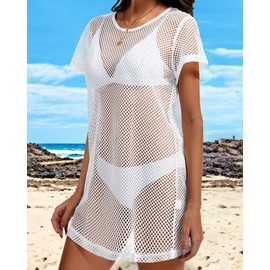 CHICGAL Womens Bathing Cover Ups Knit Bikini Short Sleeve Swimsuit Coverup Summer Swimwear Hollow Out Beach Dress (White,M)