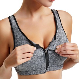 Sports Bra Post Surgery Bra Zip Front Supportive Bras for Women Sports Bras Women High Impact Sports Bra for Large Breasts (UK, Alpha, L, Regular, Regular, Gray)