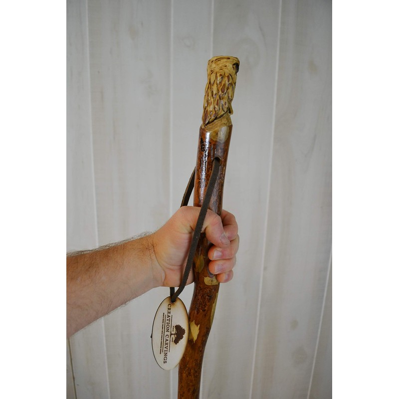 Dark wood Walking Stick with Owl Carving, Hand-Carved - Up